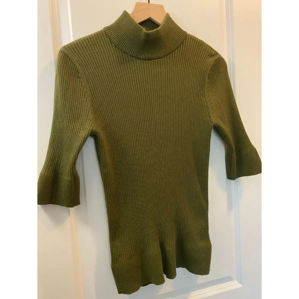 DKNY Mock Neck Turtle Neck Green Bodycon Ribbed Knit Top Women's Size XL - Picture 4 of 7
